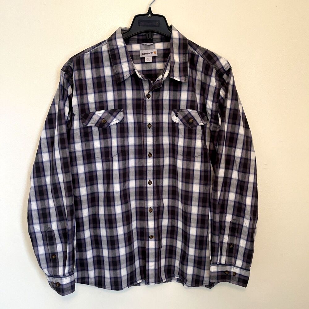 CARHARTT Vintage Gorp Collared Plaid 2 Pocket Woven Button Down, Gray/Blue- 2XL